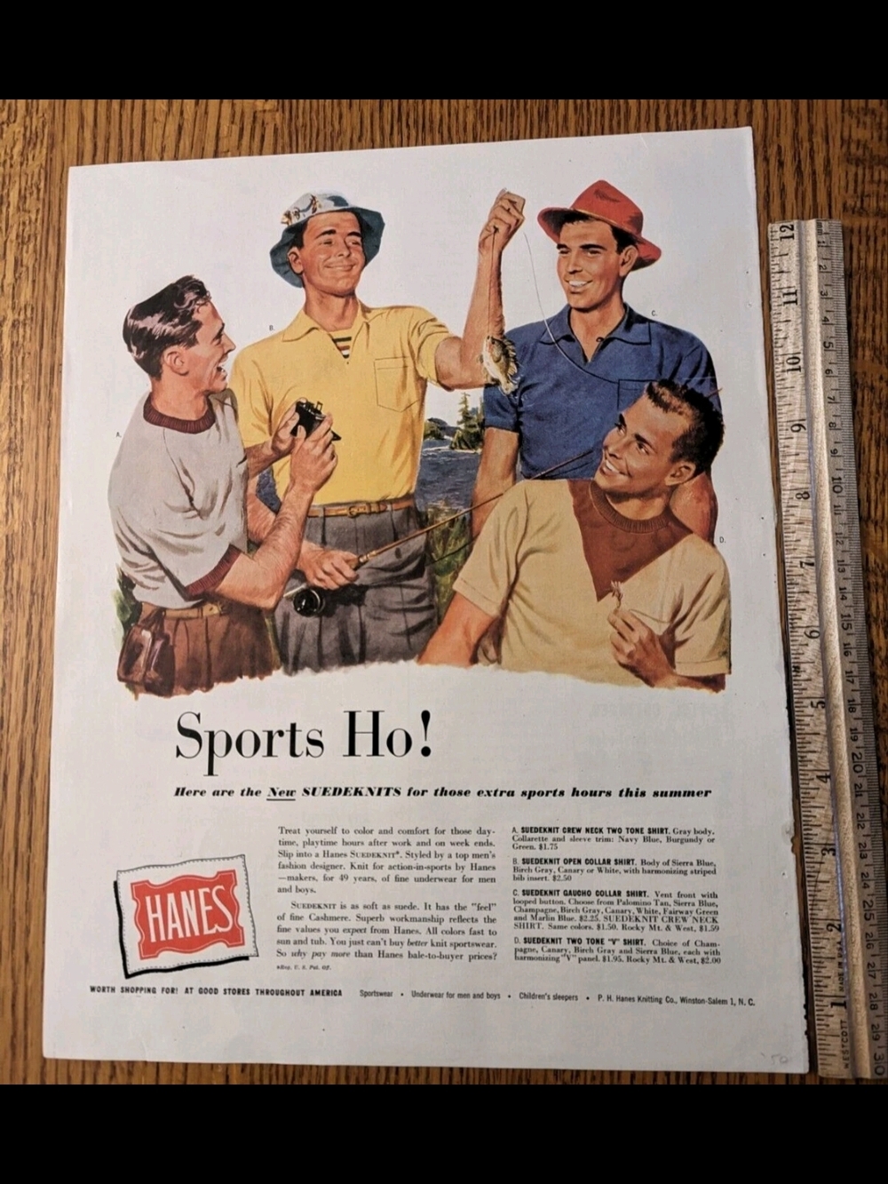 1950's  Hanes New Suedeknits Shirts Ad Sports HO!  Hueblein's Club Cocktails Ad